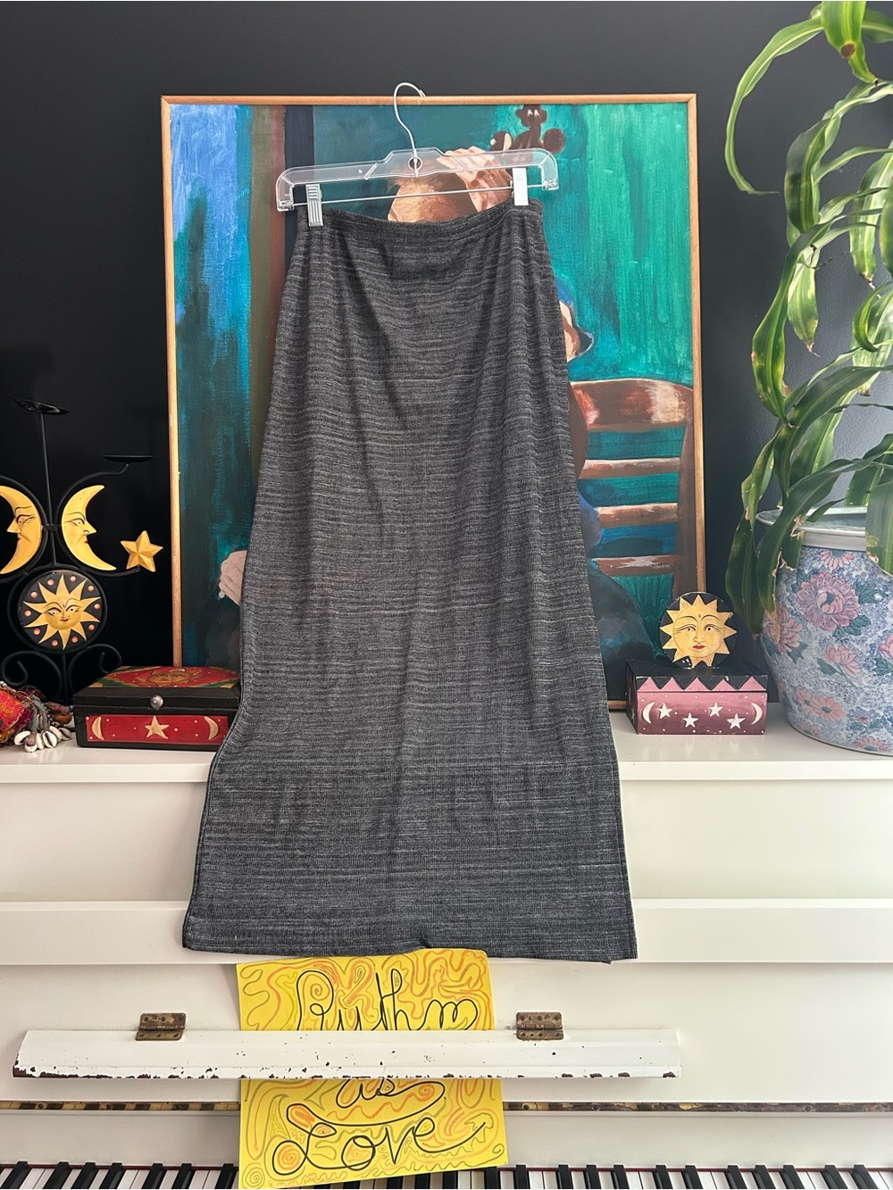 Vintage Bridge Maxi Skirt Medium Gray Knit A-Line Made USA 90s Minimalist